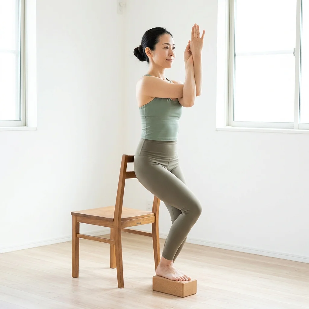 プロップスを活用してヨガポーズを学ぶ女性の様子