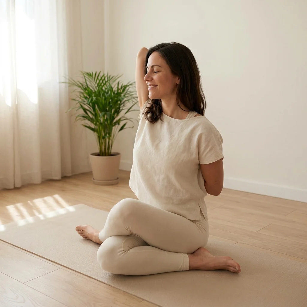 自宅で穏やかにヨガを実践する女性