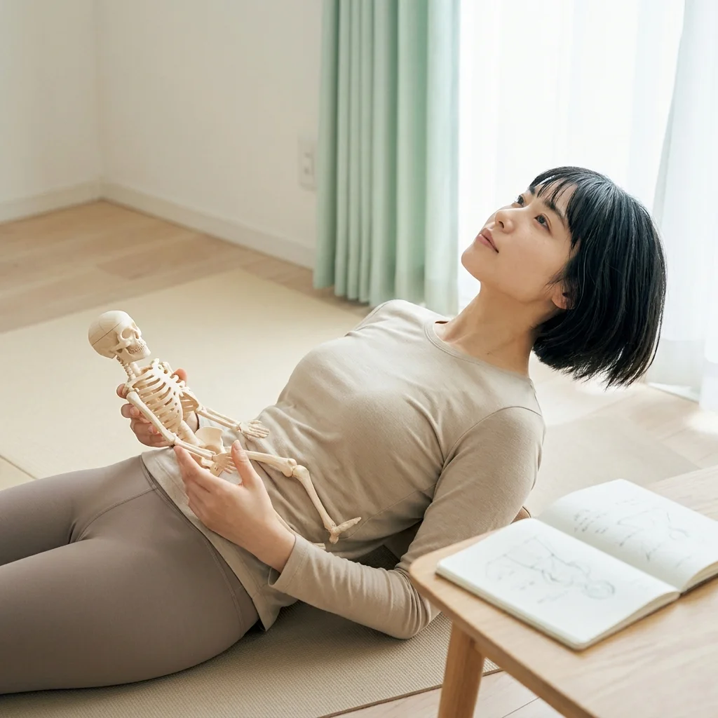 ヨガ解剖学の指導場面。骨格モデルを使った説明