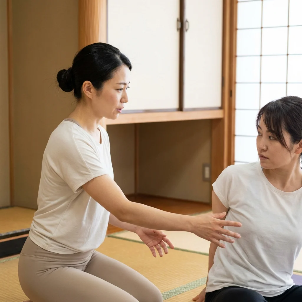 ヨガインストラクターが生徒のアライメントを言葉で修正している指導場面