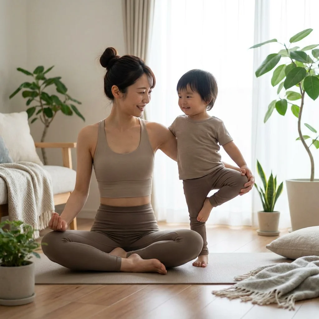 家族でヨガを楽しむ母と子