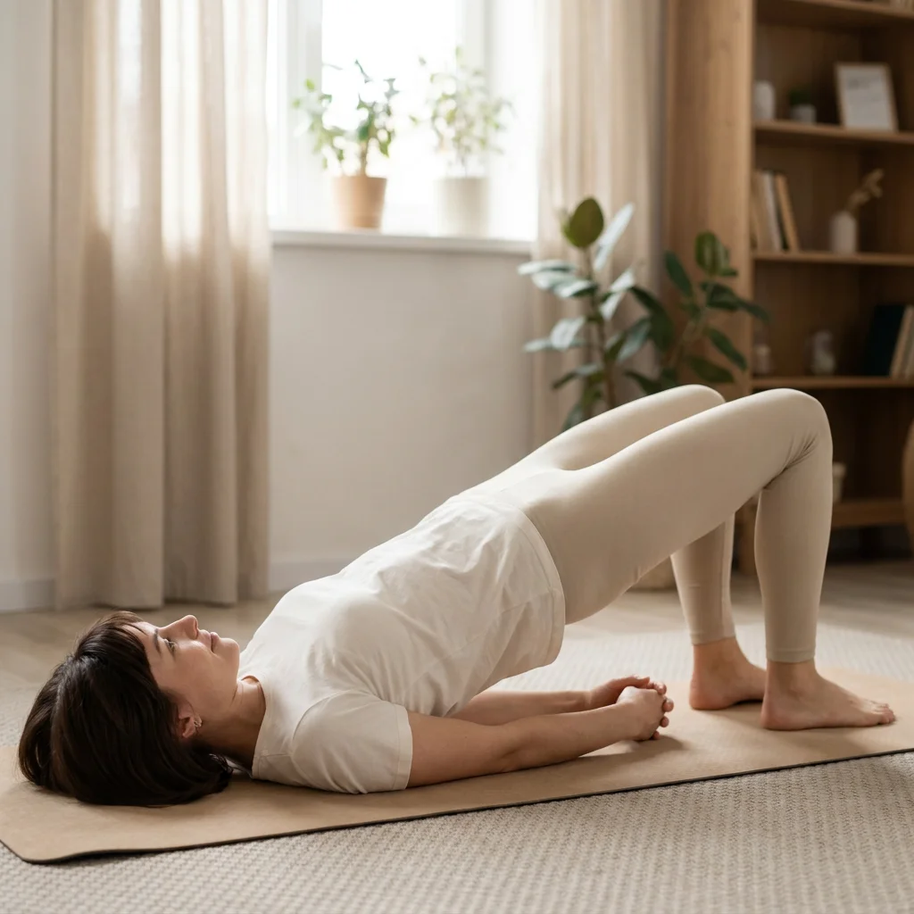 自宅でオンラインヨガ講座を受けながら練習する様子