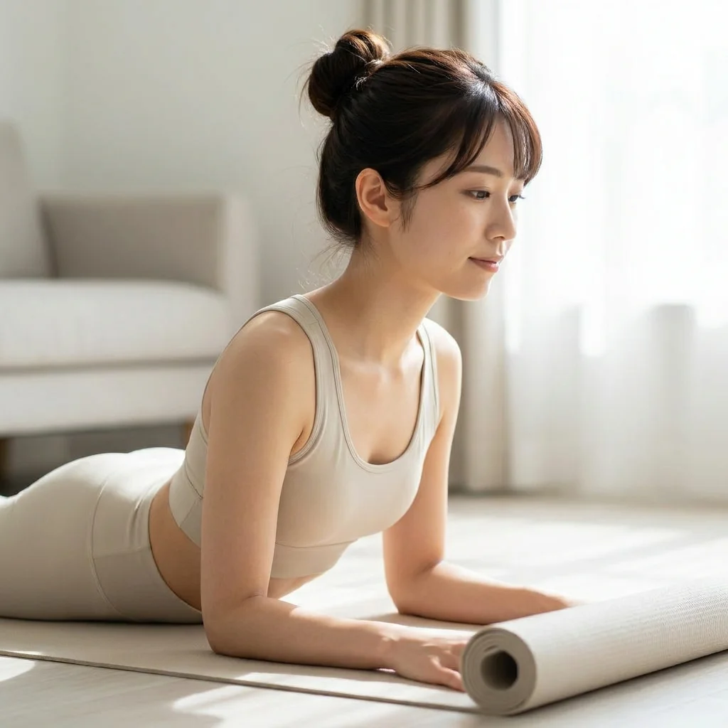 ヨガ資格の勉強をしている初心者女性が解剖学テキストを読んでいる様子