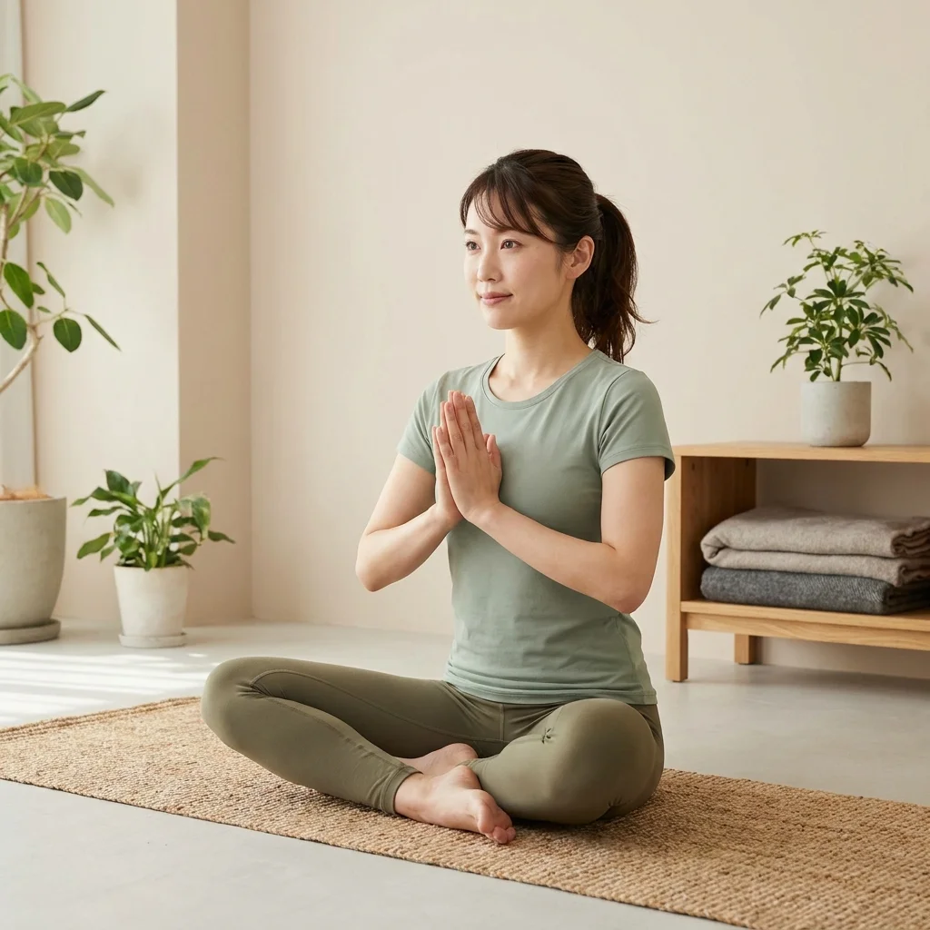 ヨガ資格の学習でテキストと動画を活用する女性
