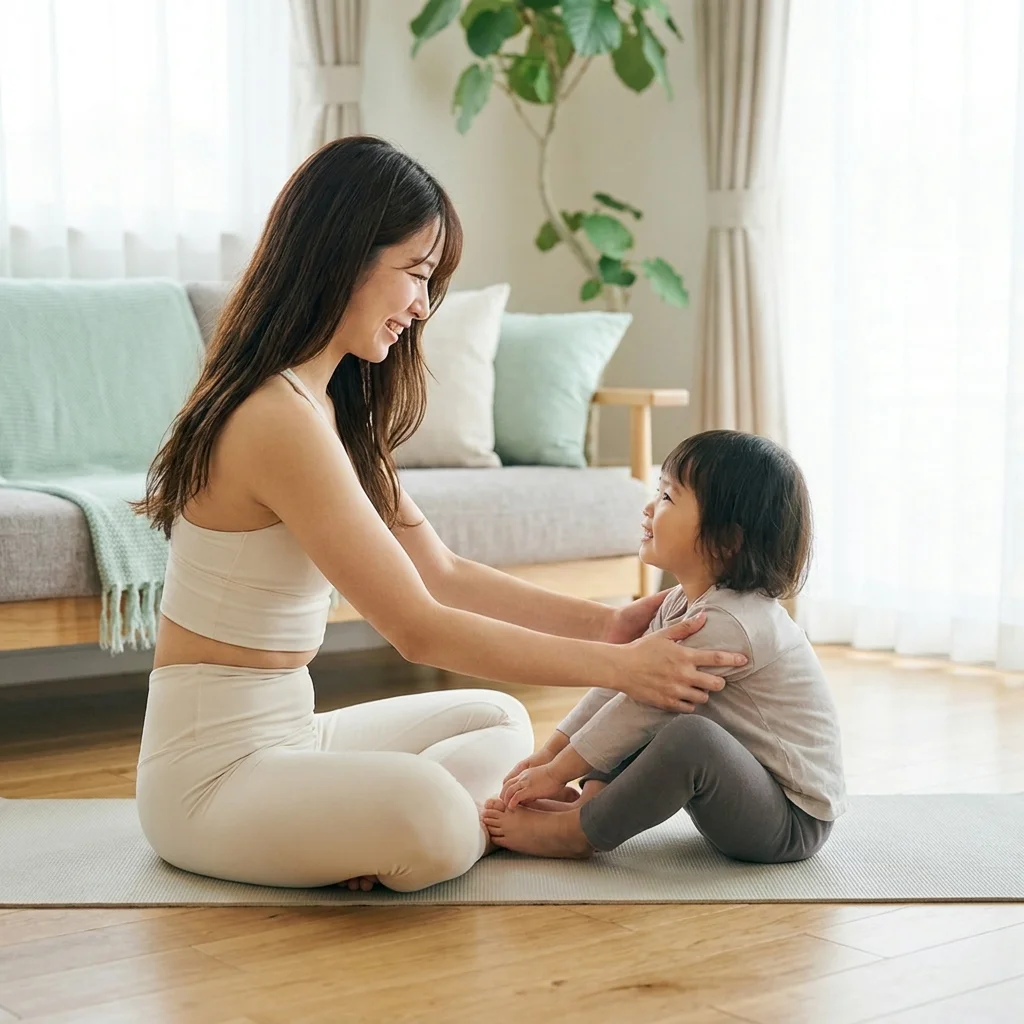 資格取得後に家族や友人にヨガレッスンを行う様子