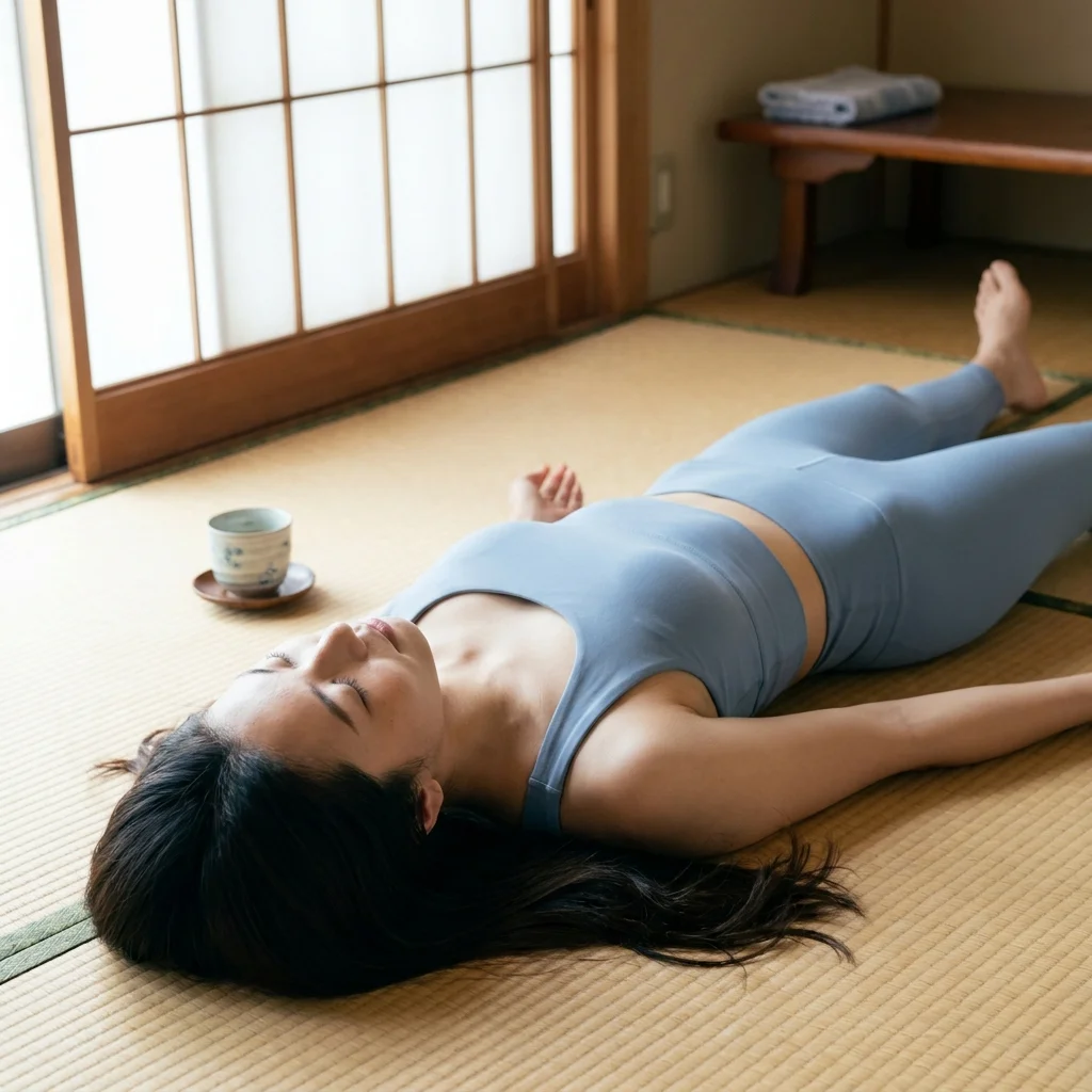 学びを終えた女性が自宅でリラックスしながらストレッチをしている様子